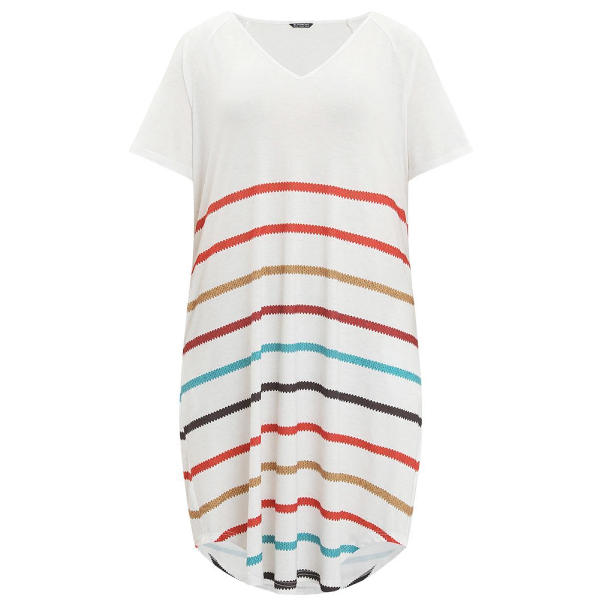 Plus Size Rainbow Striped Pocket Curved Hem Dress White Women Casual Contrast V-neck Short sleeve Curvy Midi Dress BloomChic 14-16/1X Product Image