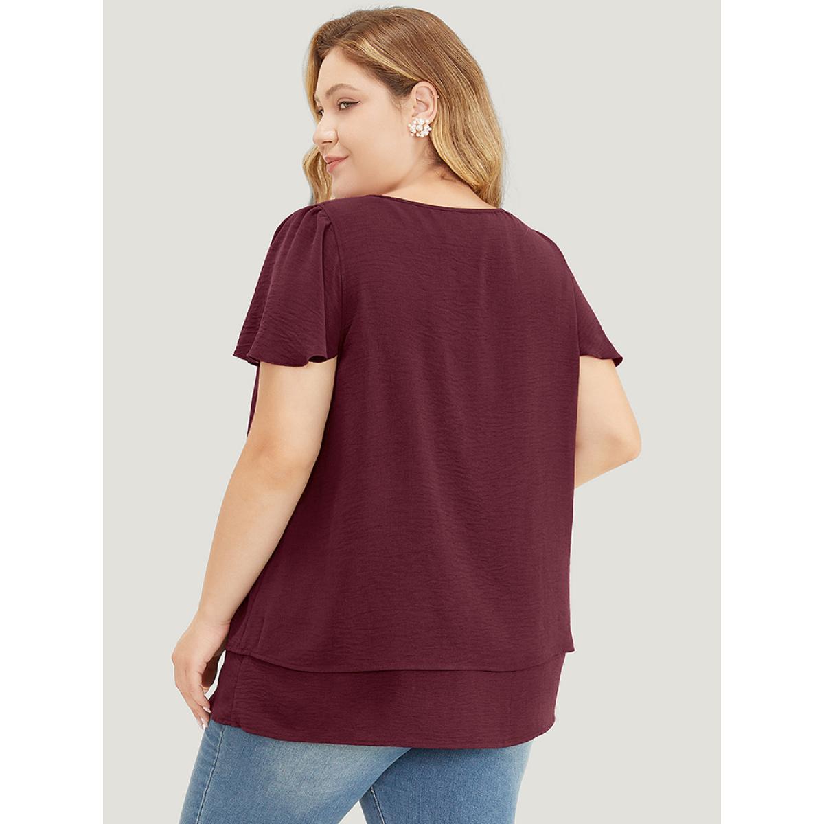 Plus Size Scarlet Solid Flutter Sleeve Keyhole Layered Hem Blouse Women Office Short sleeve V-neck Work Blouses BloomChic 28/5X Product Image