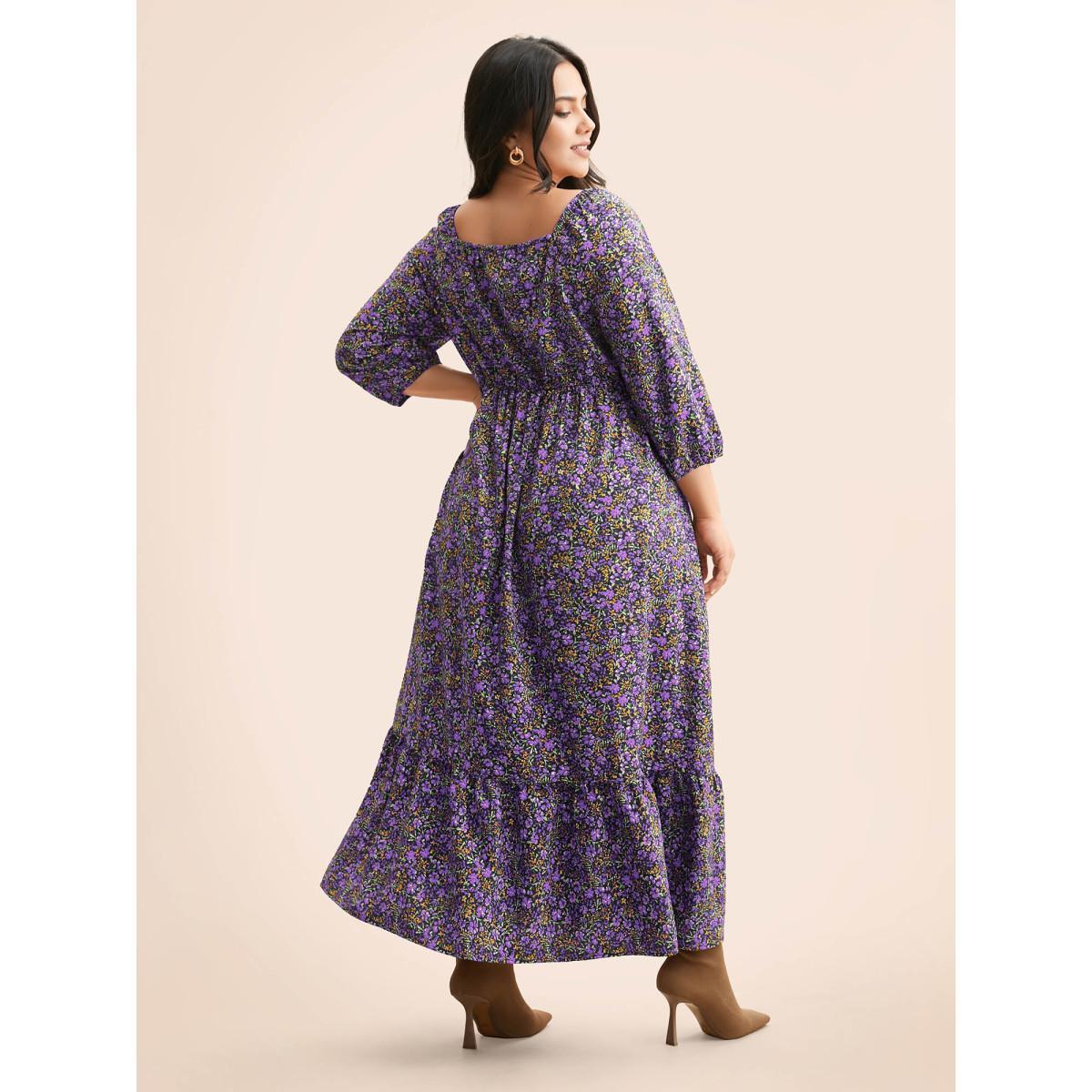 Plus Size Ditsy Floral Woven Ribbon Maxi Dress Deeppurple Women Elegant Woven ribbon&lace trim Heart neckline Elbow-length sleeve Curvy BloomChic 18-20/2X Product Image