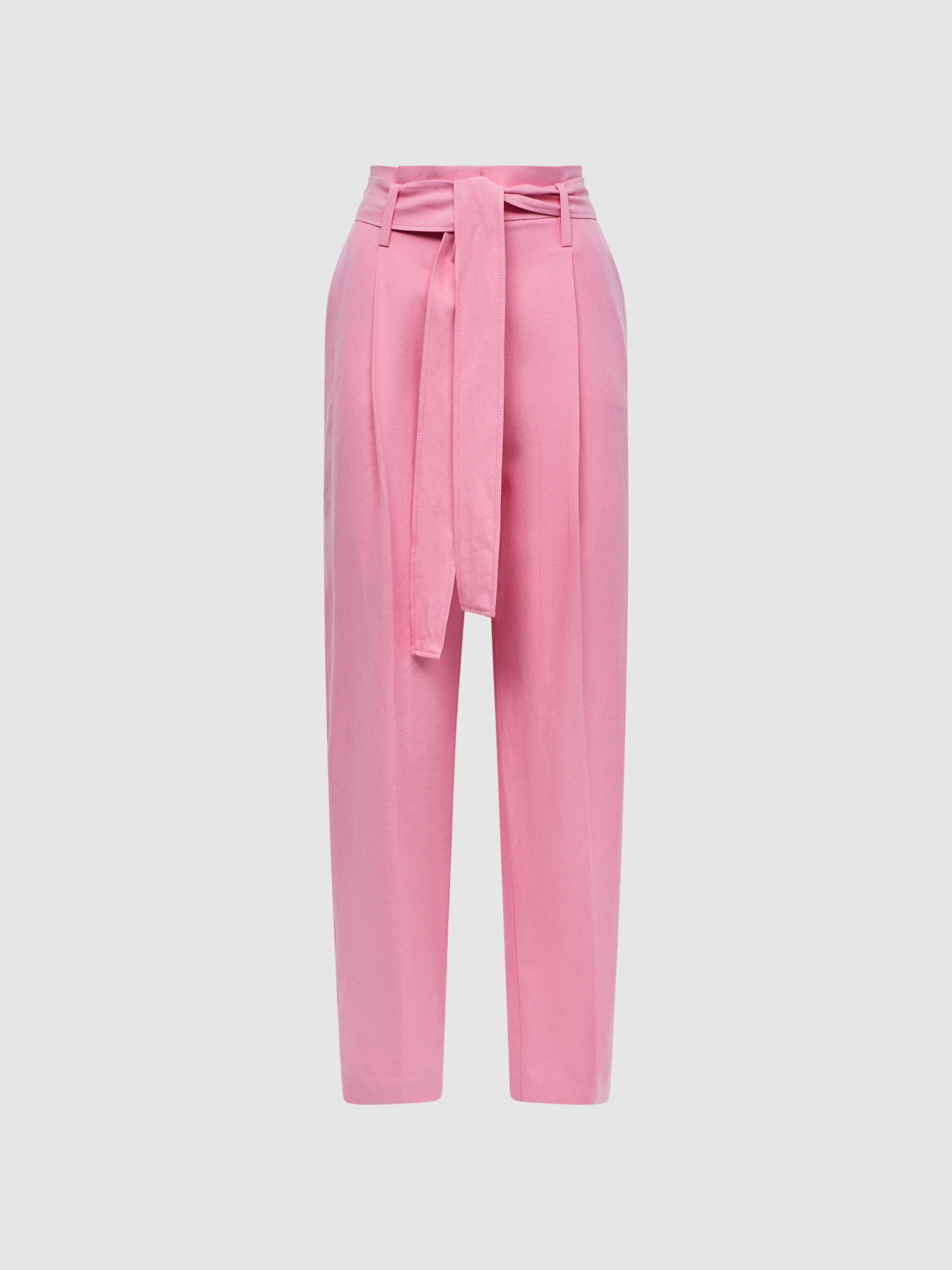 High Rise Belted Tapered Trousers in Pink Product Image