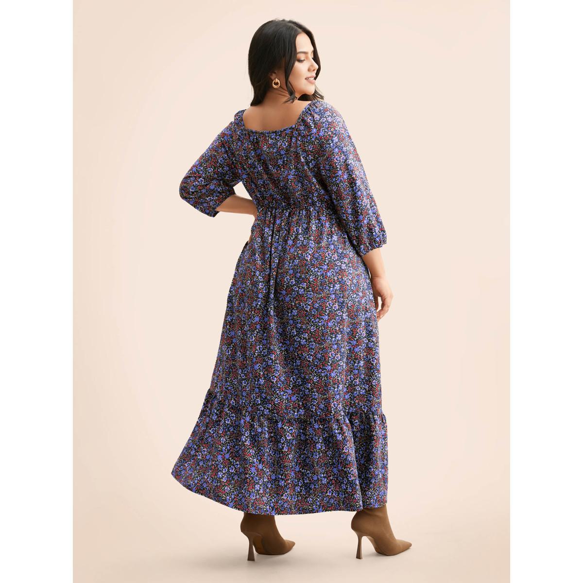 Plus Size Ditsy Floral Woven Ribbon Maxi Dress DarkBlue Women Elegant Woven ribbon&lace trim Heart neckline Elbow-length sleeve Curvy BloomChic 22-24/3X Product Image