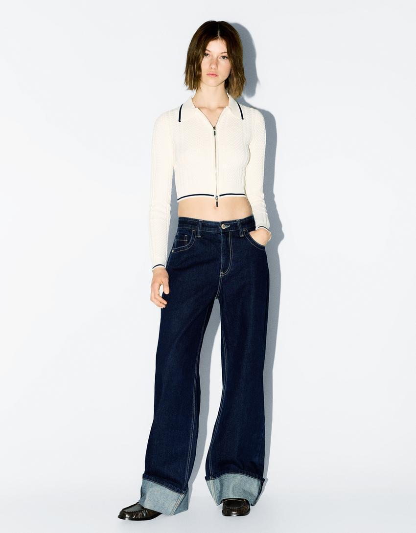 Zip-up jacket with cable-knit polo collar Product Image