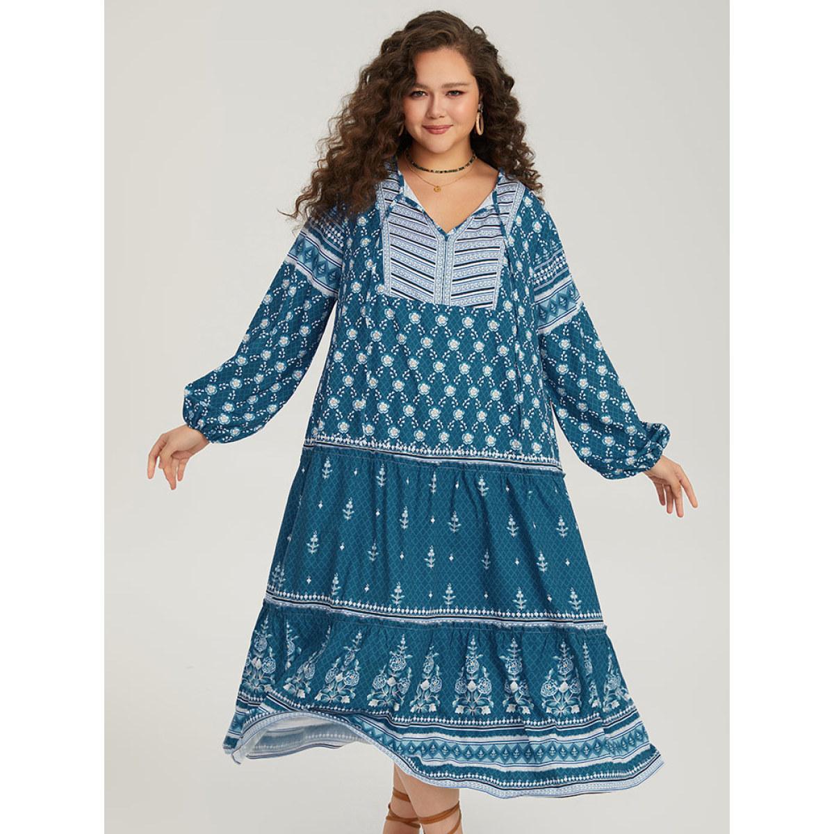 Plus Size Bandana Print Knot Neck Lantern Sleeve Dress Aegean Women Vacation Elastic cuffs Tie Neck Long Sleeve Curvy Midi Dress BloomChic 10/M Product Image