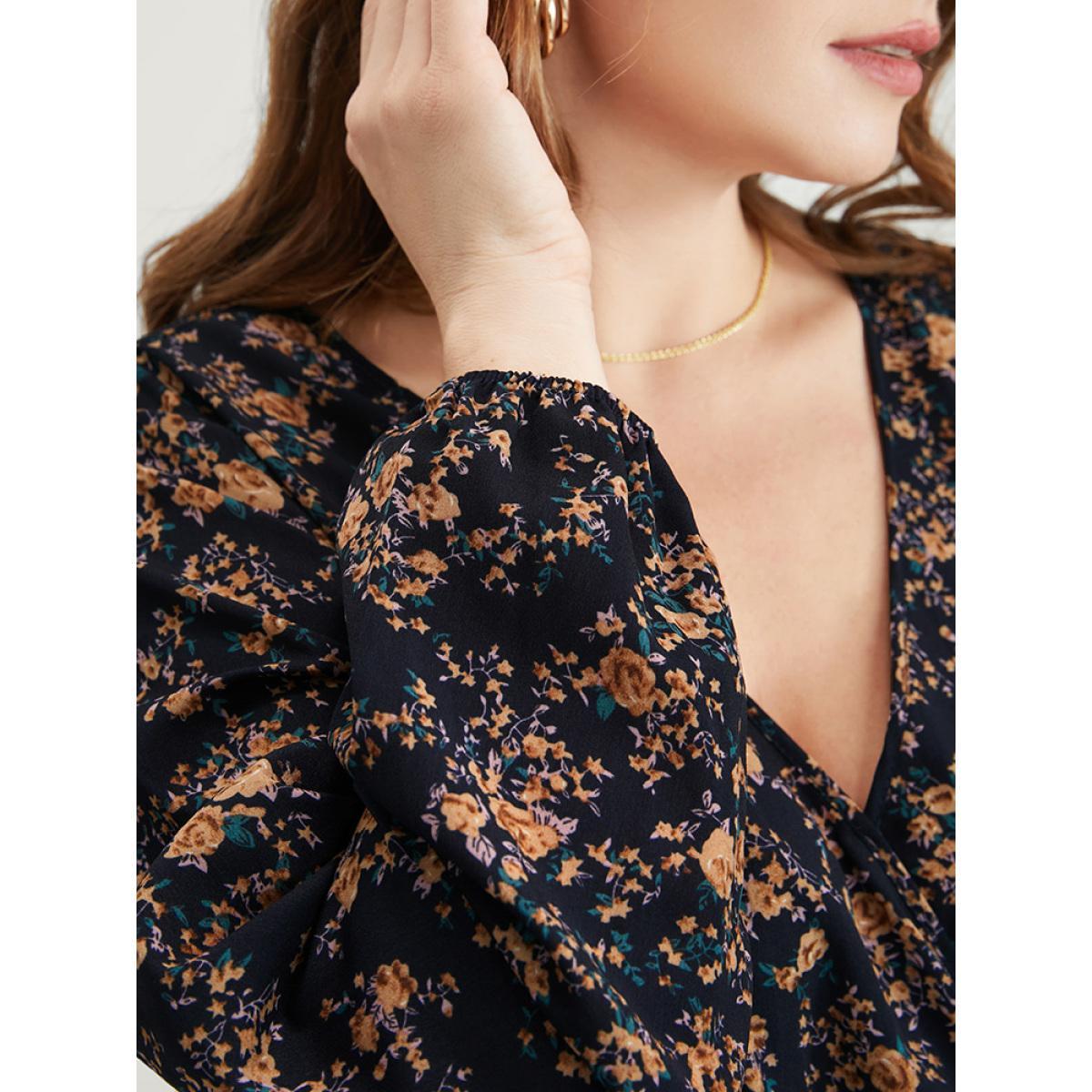 Plus Size Indigo Floral Wrap Lantern Sleeve High Low Hem Blouse Without Hat Women Elegant Long Sleeve V-neck Dailywear Blouses BloomChic 10/M Product Image