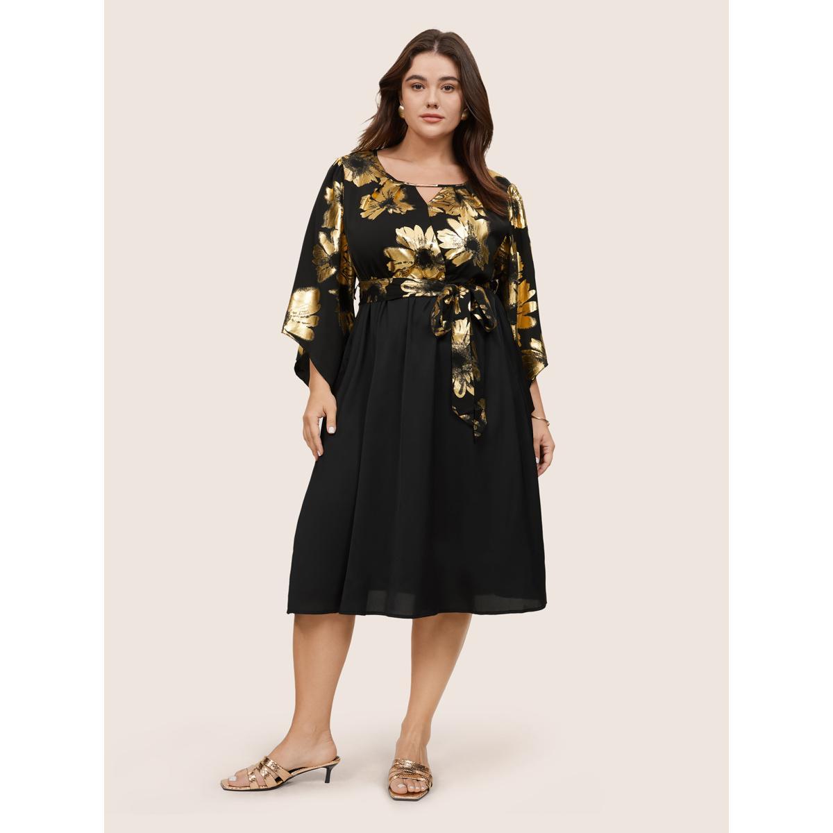 Plus Size Floral Glitter Belted Keyhole Flutter Sleeve Dress Black Women Glamour Gathered Keyhole Cut-Out Elbow-length sleeve Curvy Midi Dress BloomChic 22-24/3X Product Image