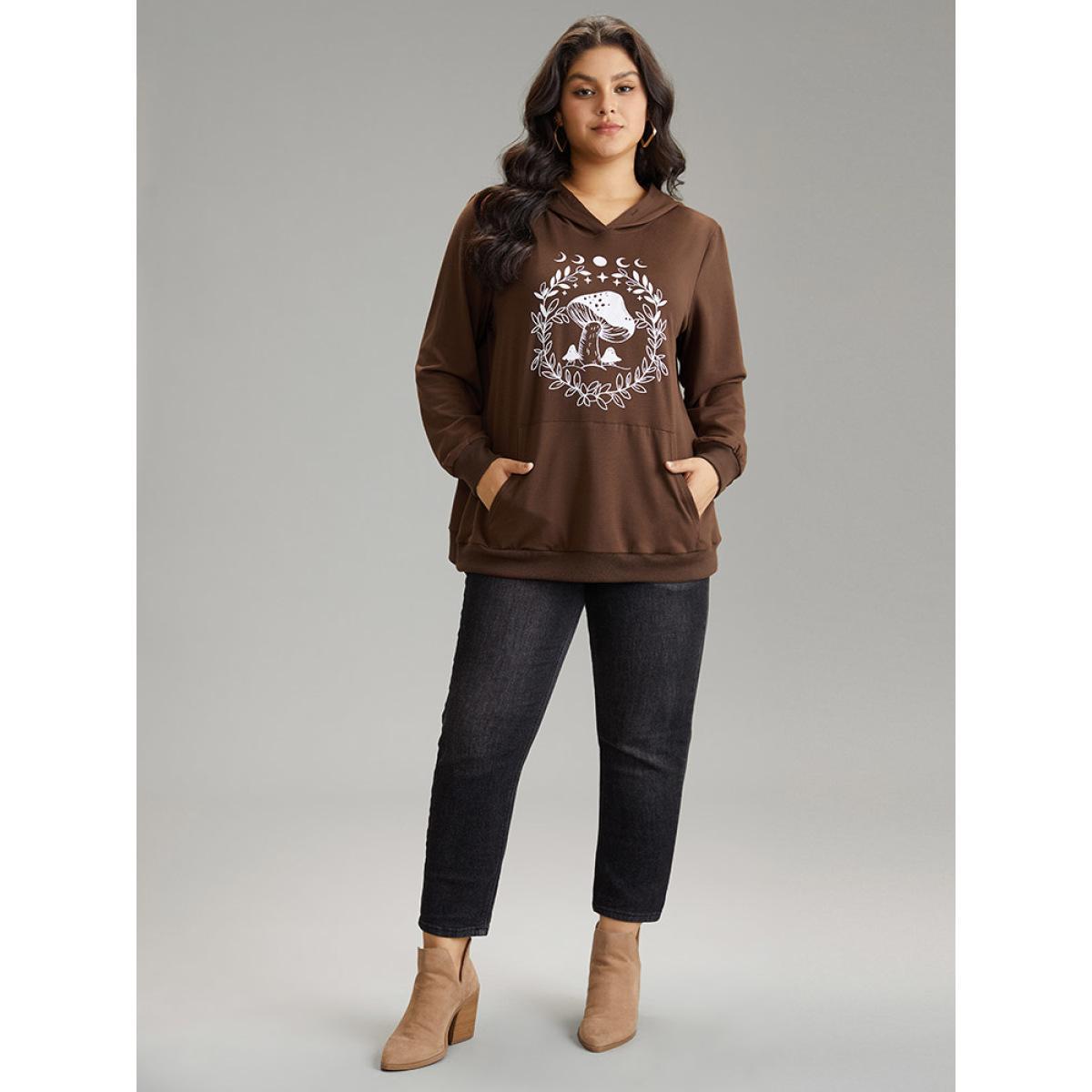 Plus Size Plants Print Hooded Kangaroo Pocket Sweatshirt Women DarkBrown Casual Printed Dailywear Sweatshirts BloomChic 26/4X Product Image