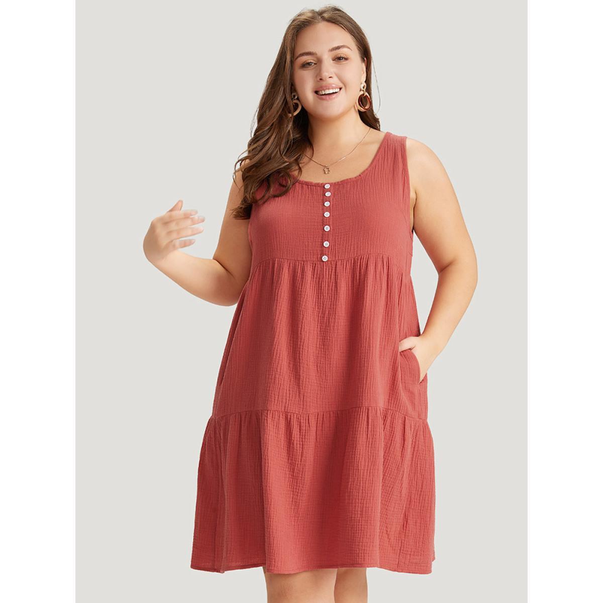Plus Size Solid Button Detail Layered Hem Tank Dress Rust Women Vacation Button Round Neck Sleeveless Curvy Knee Dress BloomChic 18-20/2X Product Image