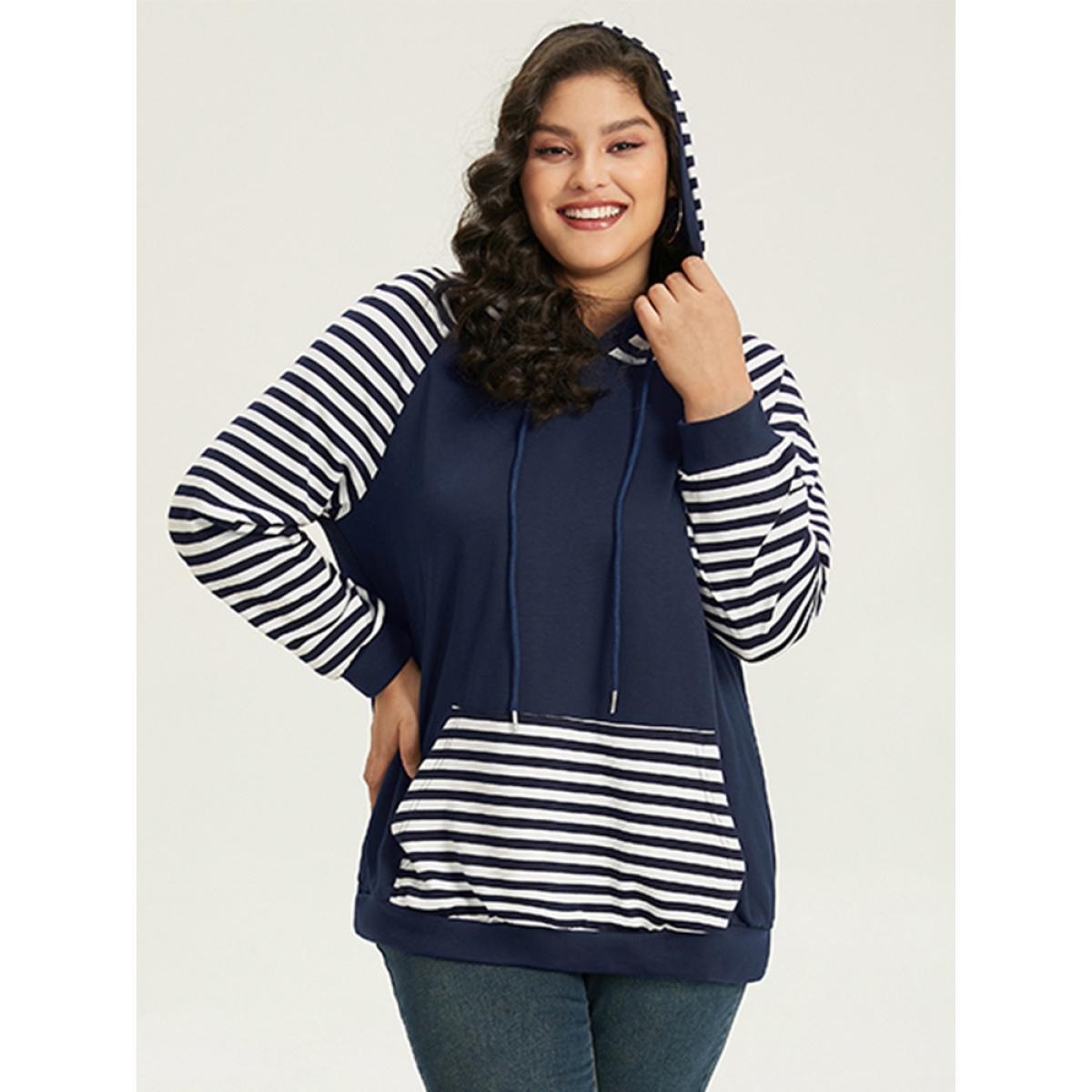 Plus Size Striped Patchwork Drawstring Hooded Pocket Sweatshirt Women Indigo Casual Contrast Hooded Dailywear Sweatshirts BloomChic 14-16/1X Product Image