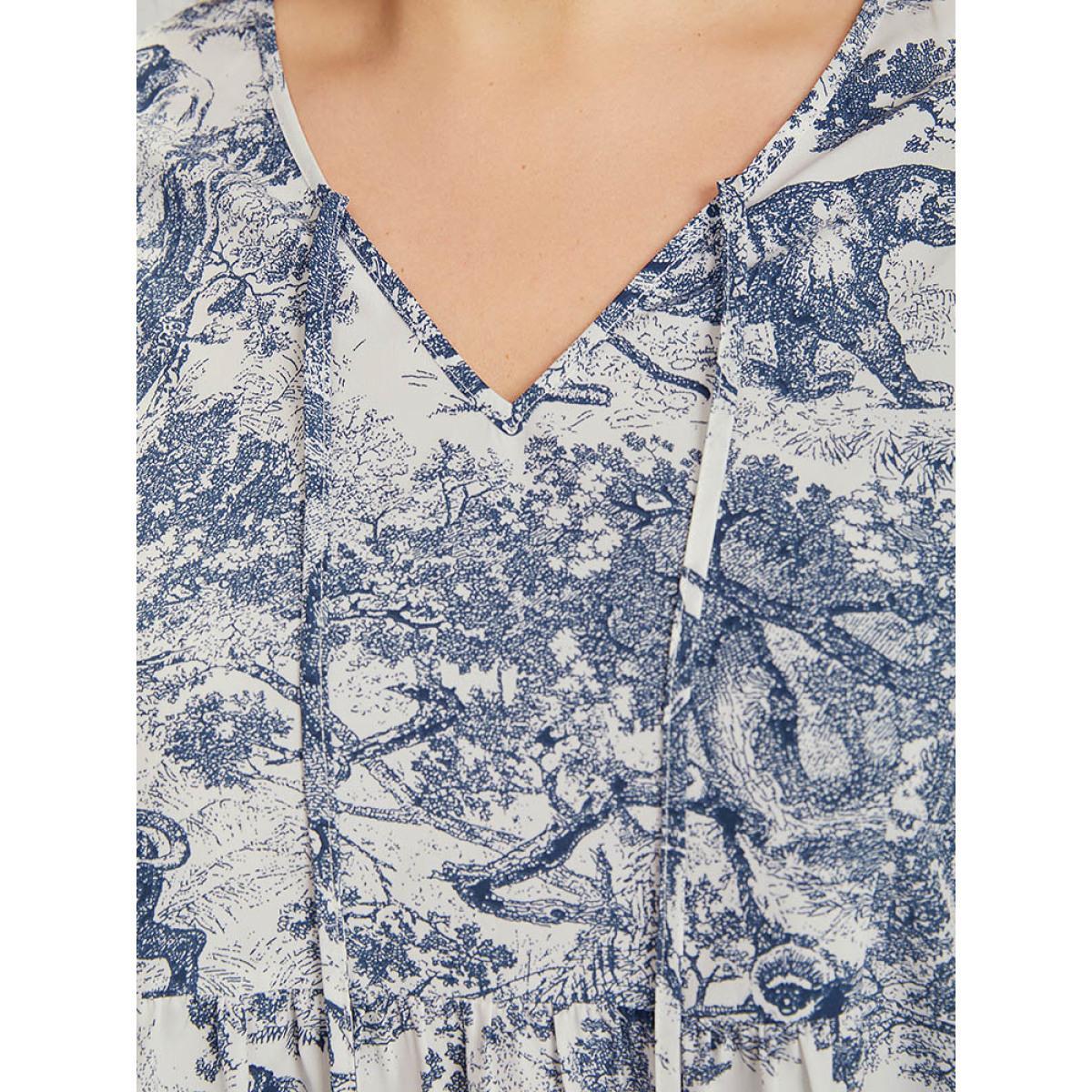 Plus Size Multicolor Print Knot Neck Lantern Sleeve Ruffle Hem Blouse Women Vacation Half Sleeve V-neck Dailywear Blouses BloomChic 28/5X Product Image