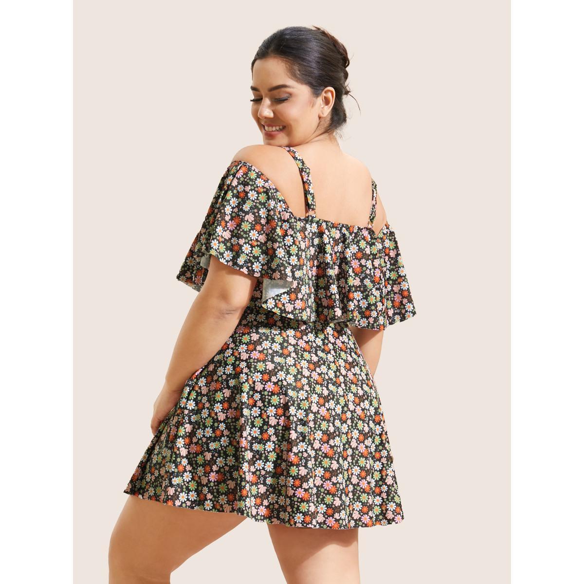 Plus Size Ditsy Floral Ruffles Cold Shoulder Swim Dress Women's Swimwear Orange Beach Bodycon One-shoulder neck High stretch Curve Swim Dresses BloomChic 10/M Product Image