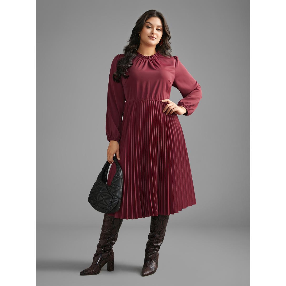 Plus Size Mock Neck Frill Trim Pleated Dress Burgundy Women At the Office Gathered Mock Neck Long Sleeve Curvy BloomChic 10/M Product Image