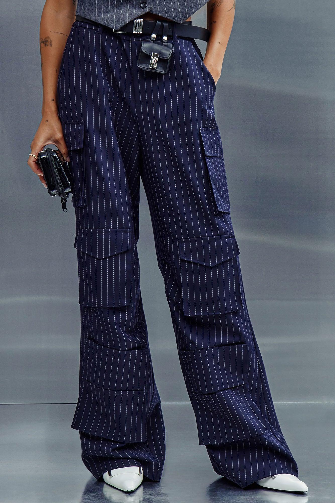 Double Take Pinstripe Cargo Trouser - Navy/combo Product Image