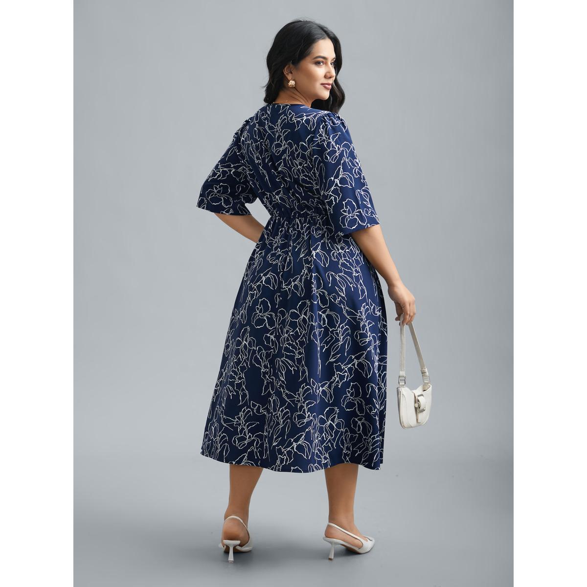 Plus Size Surplice Neck Abstract Print Fit Midi Dress Navy Women At the Office Gathered Overlap Collar Elbow-length sleeve Curvy BloomChic 26/4X Product Image