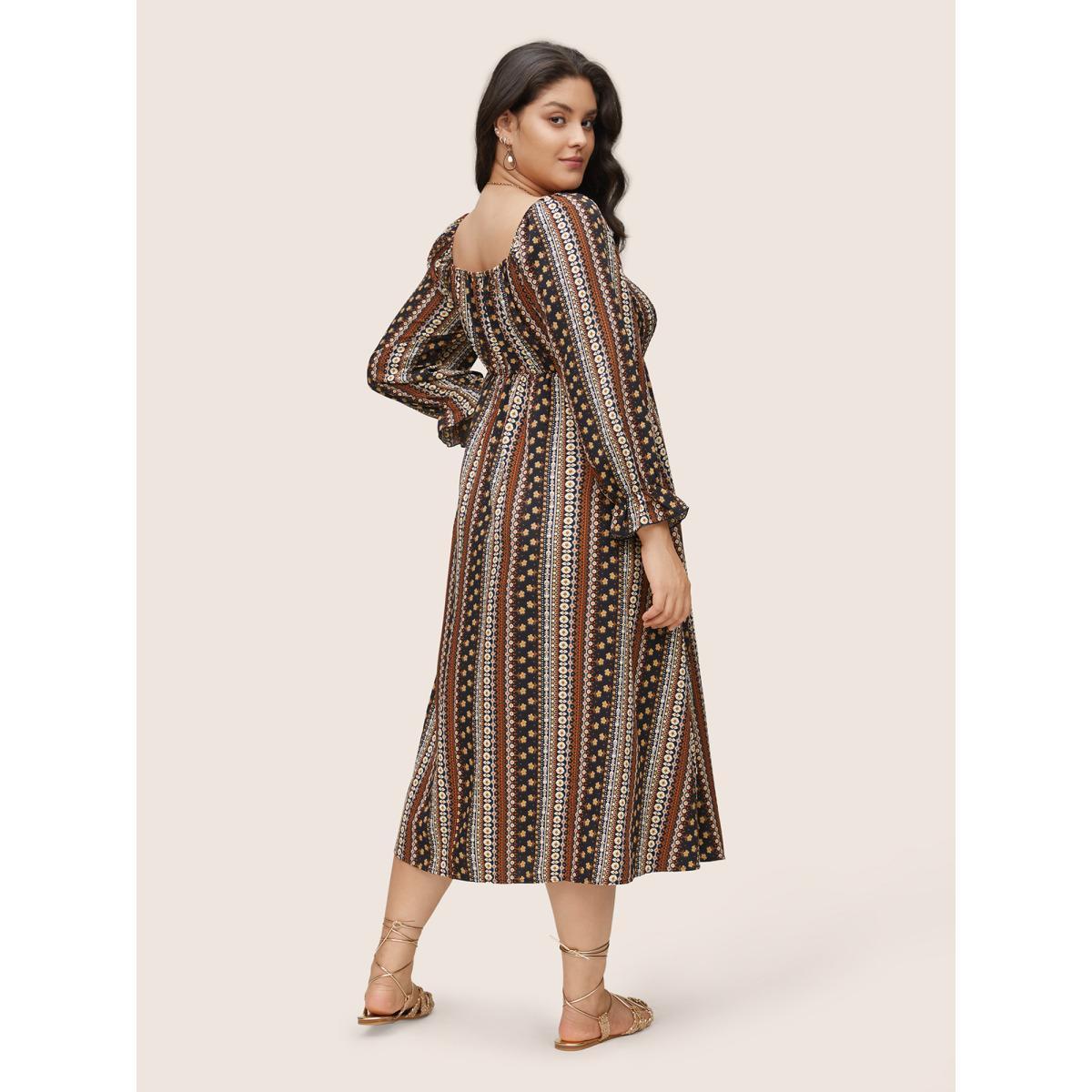 Plus Size Bandana Print Square Neck Shirred Gathered Dress Multicolor Women Vacation Gathered Square Neck Long Sleeve Curvy Midi Dress BloomChic 14-16/1X Product Image