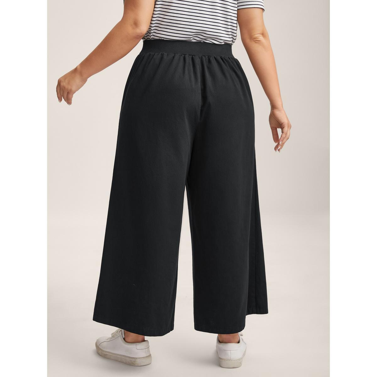 Plus Size Cotton Threaded Spliced Wide-Leg Pants Women Black Casual Wide Leg Mid Rise Everyday-Casual Pants BloomChic 28/5X Product Image