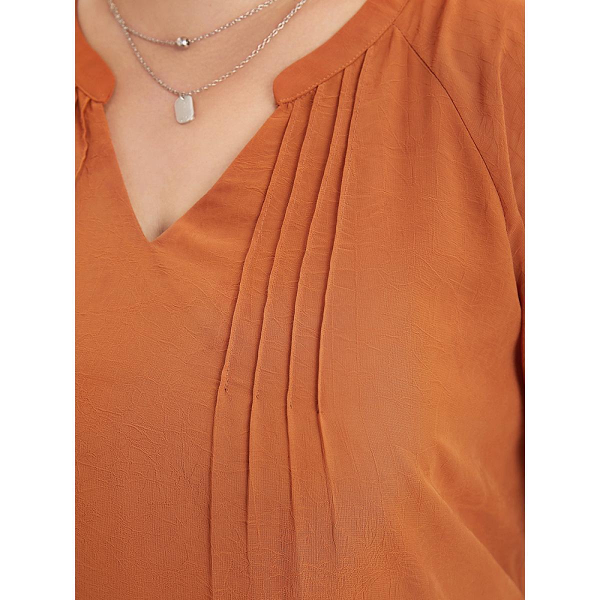 Plus Size Maroon Solid Notched Pleated Mesh Raglan Sleeve Blouse Women Casual Short sleeve V-neck Dailywear Blouses BloomChic 10/M Product Image