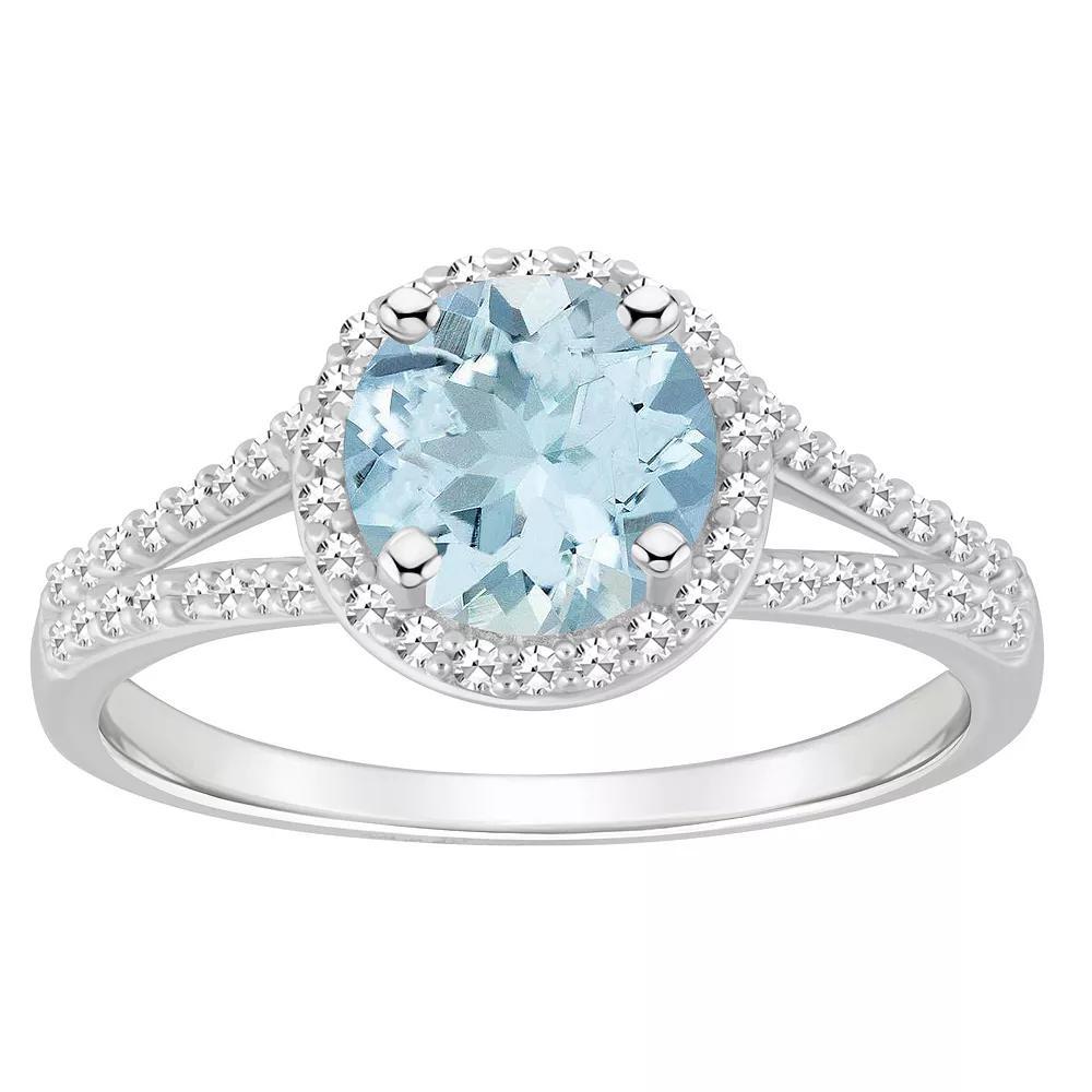Celebration Gems Sterling Silver 7 mm Round Gemstone and 1/4 Carat T.W. Diamond Split Shank Ring, Women's, Size: 10, Aquamarine Product Image