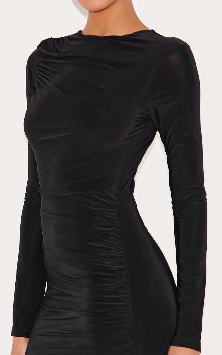 Black Double Layer Slinky Ruched Long Sleeve Mini Dress Product Image