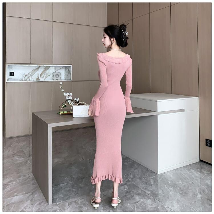 Long Sleeve Scoop Neck Plain Ruffle Knit Maxi Sheath Dress Product Image