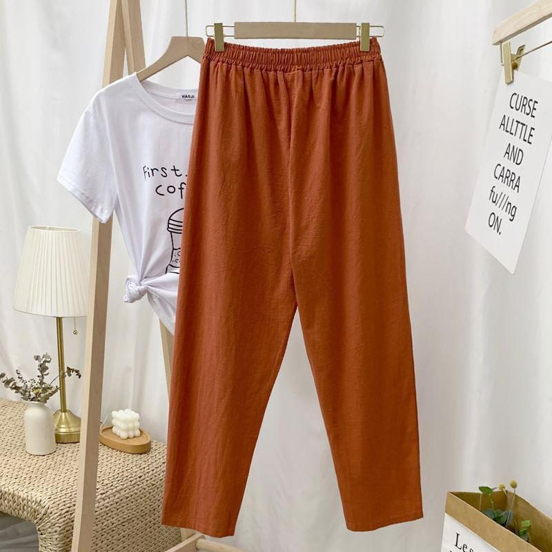 Elastic Waist Plain Cropped Tapered Pants Product Image
