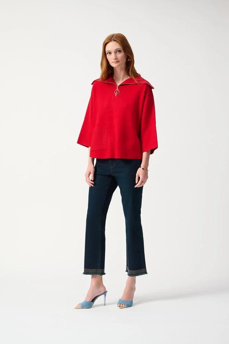 Jacquard Zipped Collar Sweater - Lipstick Red Product Image
