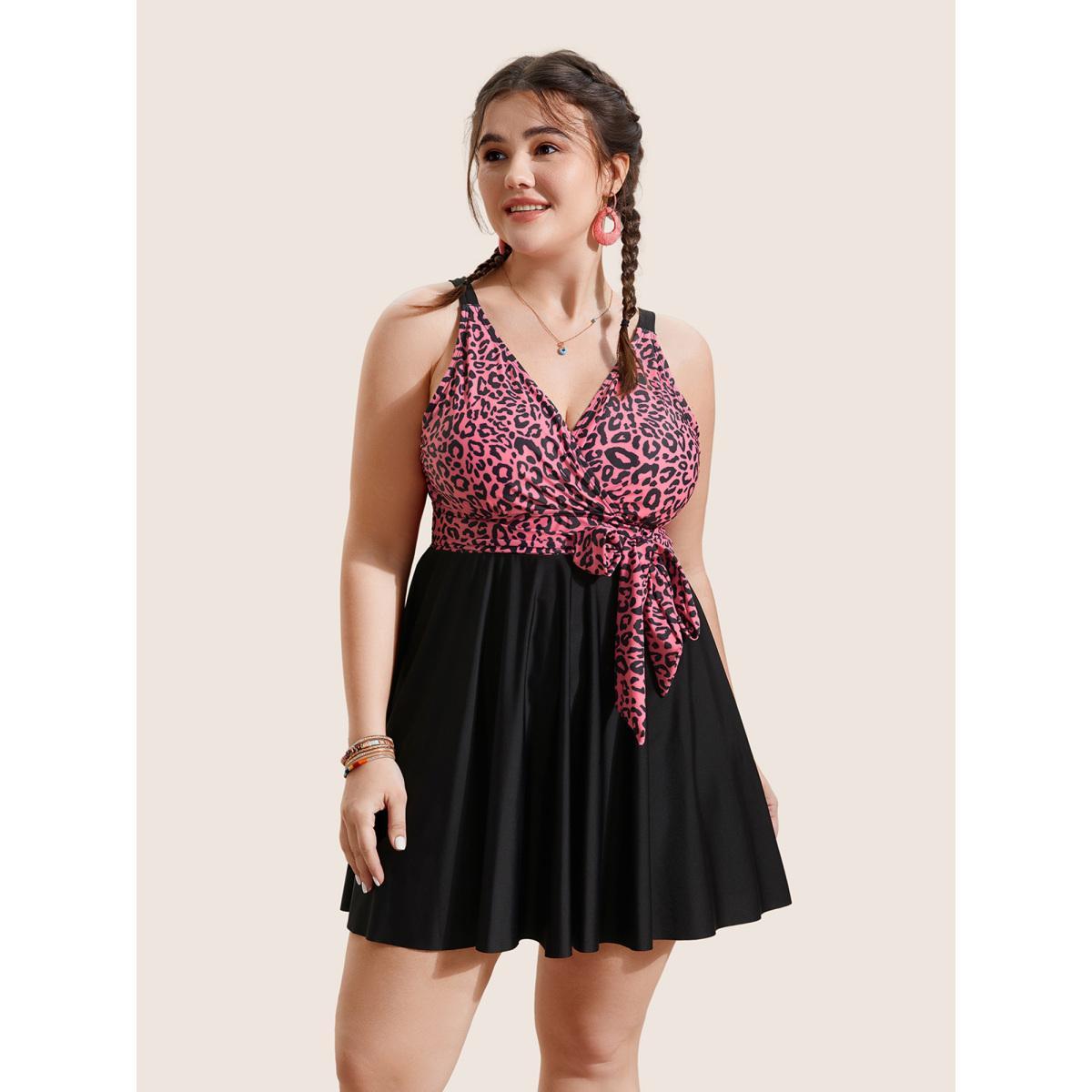 Plus Size Leopard Print Patchwork Tie Knot Swim Dress Women's Swimwear Leopard Beach Bodycon Overlap Collar High stretch Curve Swim Dresses BloomChic 28/5X Product Image