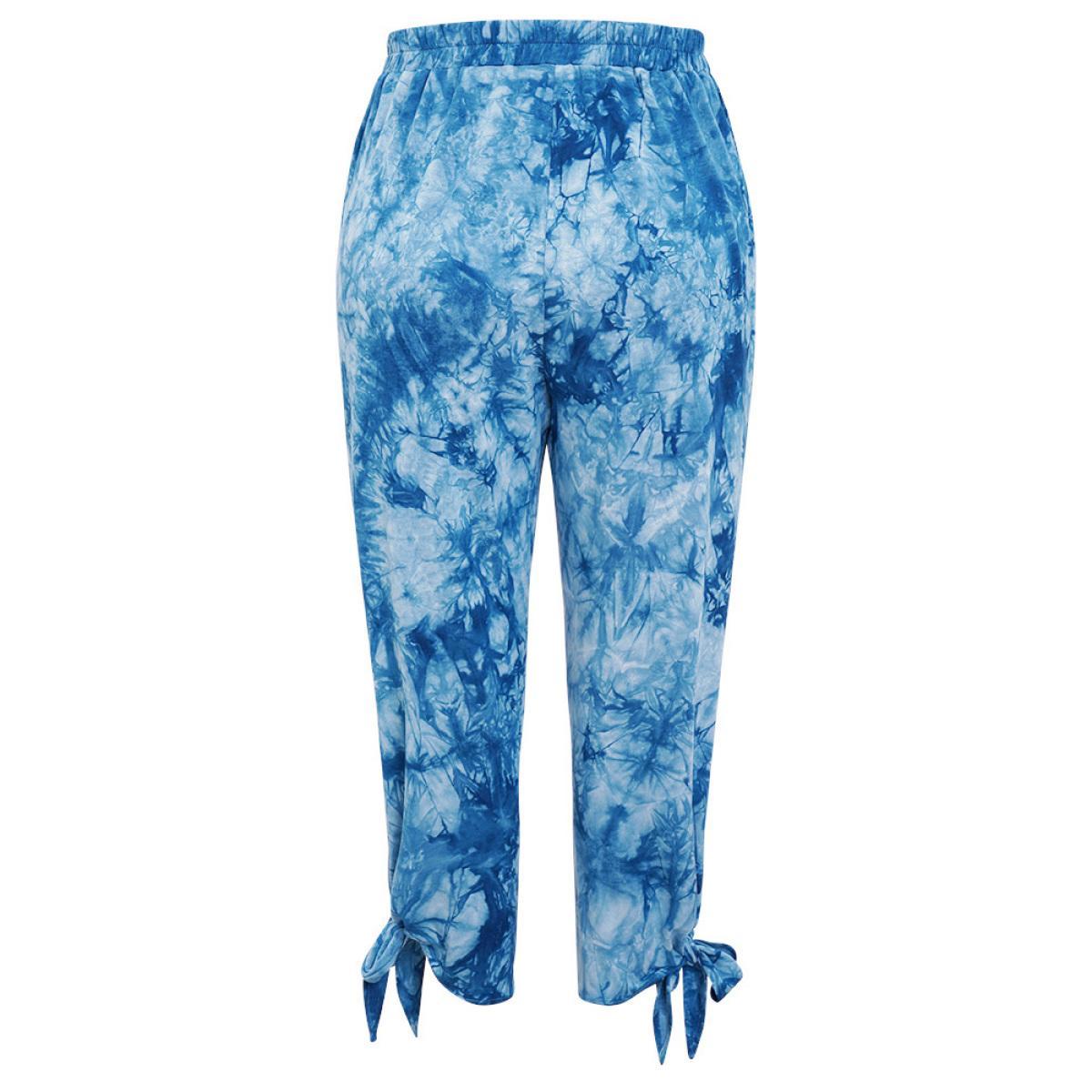 Plus Size Tie Dye Pocket Cut Out Knotted Hem Pants Women Blue Casual Mid Rise Dailywear Pants BloomChic 22-24/3X Product Image