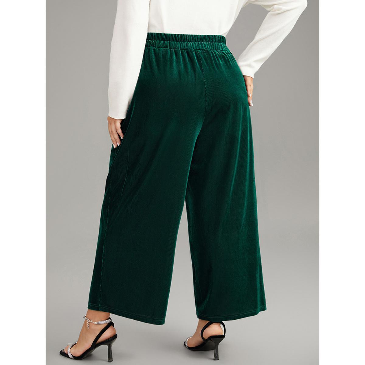 Plus Size Solid Textured Velvet Elastic Waist Gathered Pants Women DarkGreen Glamour Wide Leg High Rise Going out Pants BloomChic 28/5X Product Image