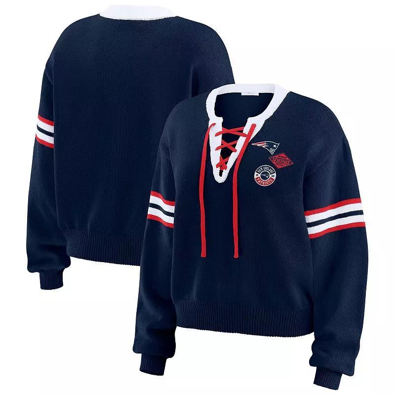 Women's WEAR by Erin Andrews Navy  Dallas Cowboys Lace-Up Sweater, Size: Small, Blue Product Image