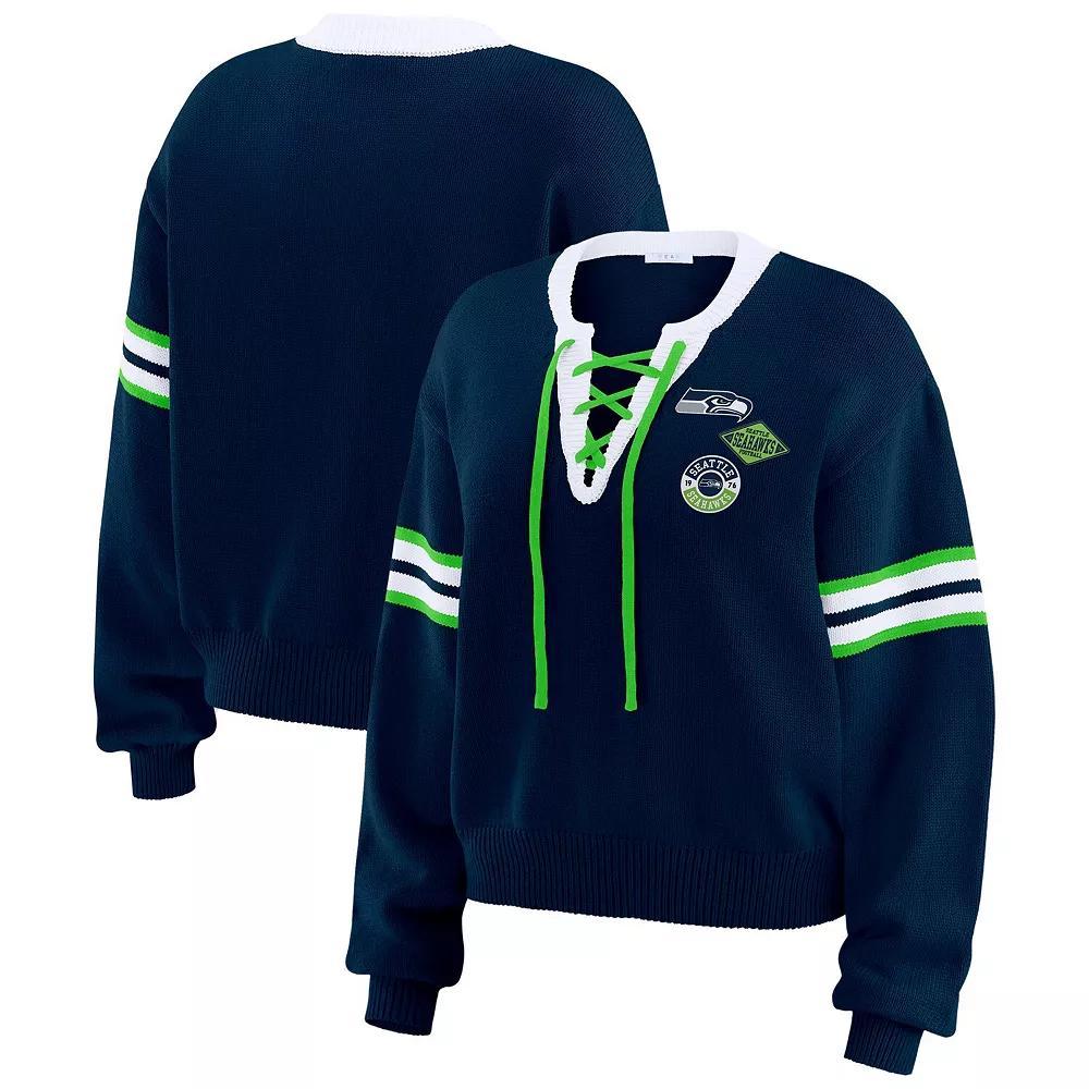 Women's WEAR by Erin Andrews Navy Seattle Seahawks Lace-Up Pullover Sweatshirt, Size: Medium, Blue Product Image