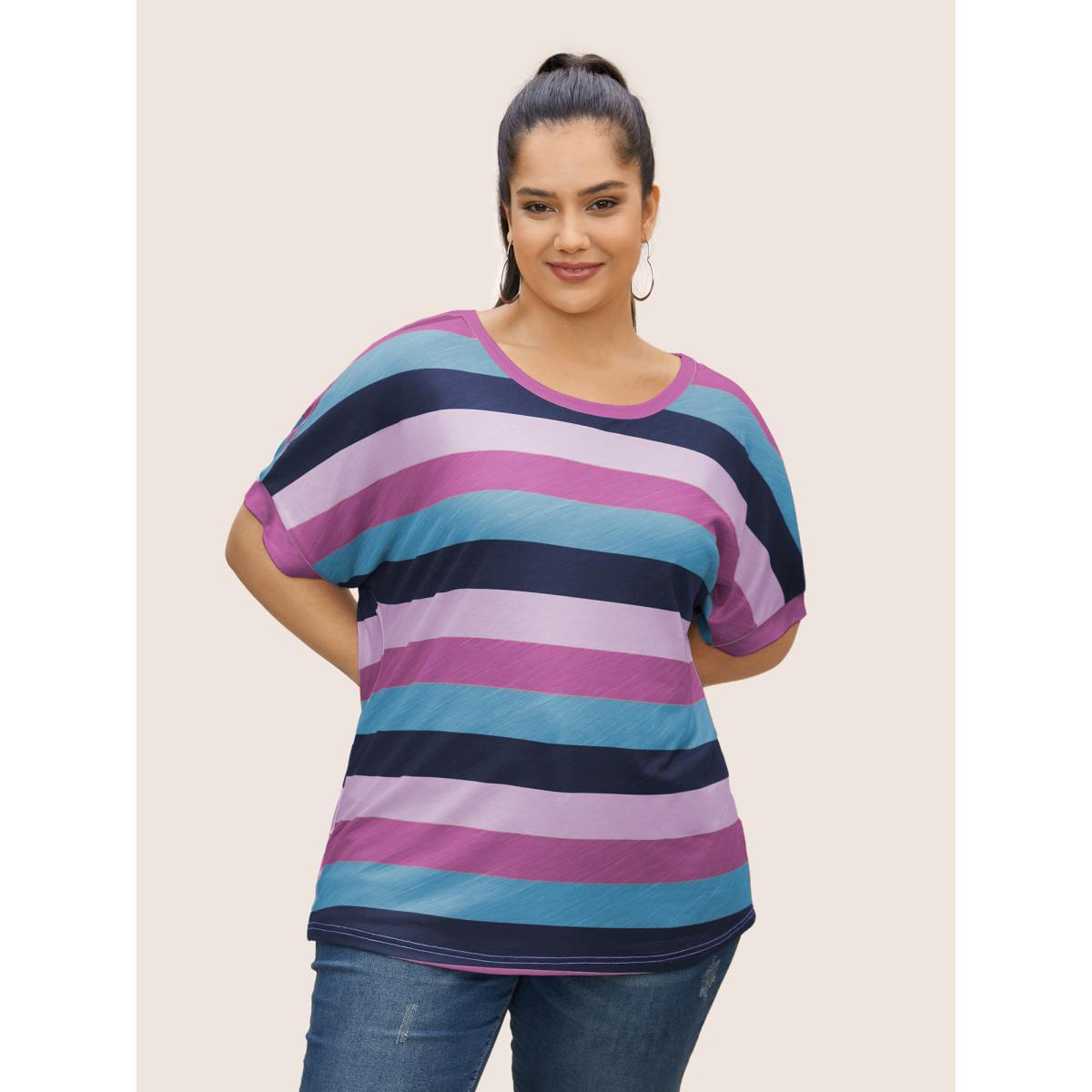 Plus Size Colored Striped Crew Neck Batwing Sleeve T-shirt Lilac Women Casual Contrast Round Neck Everyday T-shirts BloomChic 26/4X Product Image