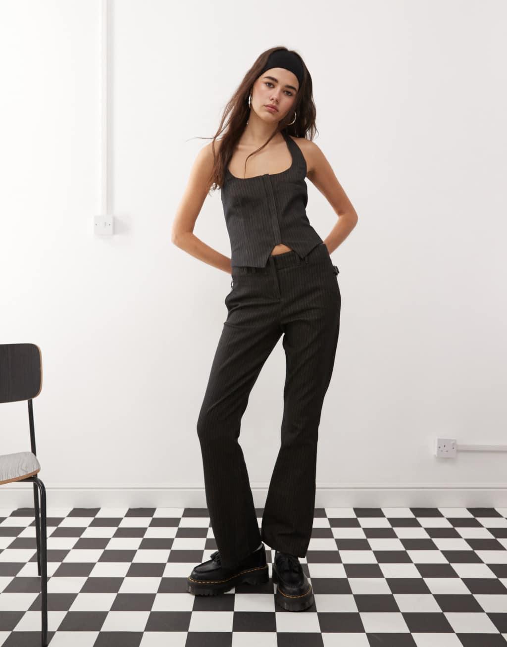 COLLUSION hook and eye pinstripe halter top in black Product Image