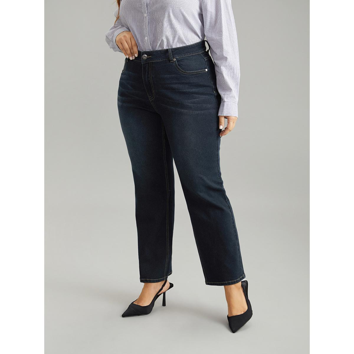 Plus Size Dark Wash Zipper Fly Straight Leg Jeans Women Midnight Casual Plain Plain High stretch Pocket Jeans BloomChic 22/3X Product Image