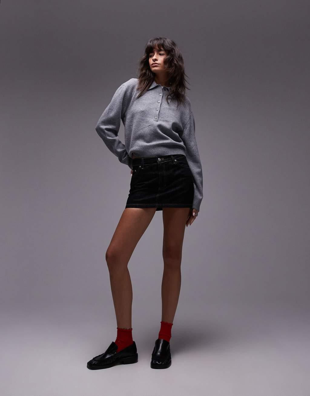 ARKET wool knit sweater with deep placket polo collar in gray melange Product Image