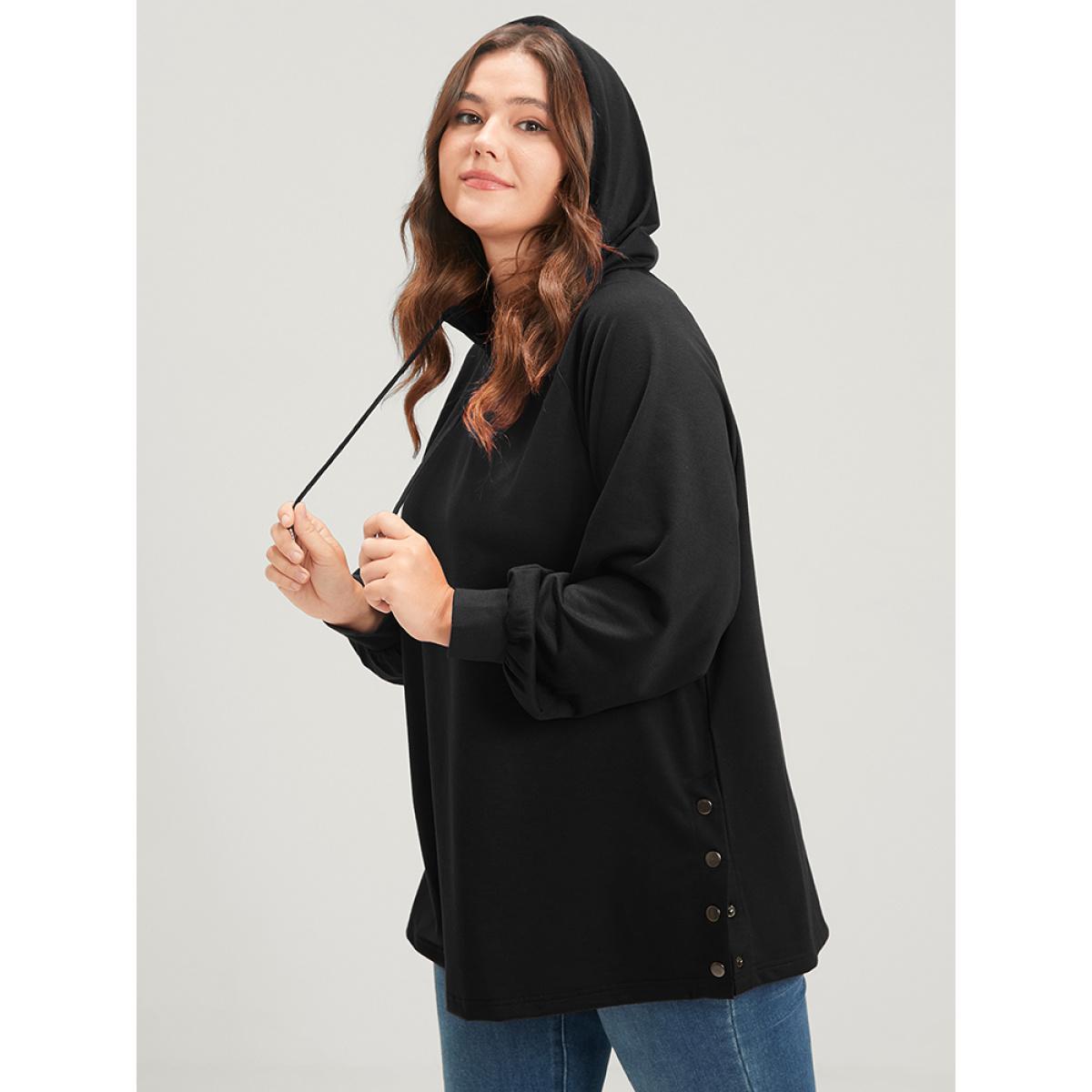 Plus Size Solid Button Side Drop Shoulder Hooded Sweatshirt Women Black Casual Button Hooded Dailywear Sweatshirts BloomChic 10/M Product Image