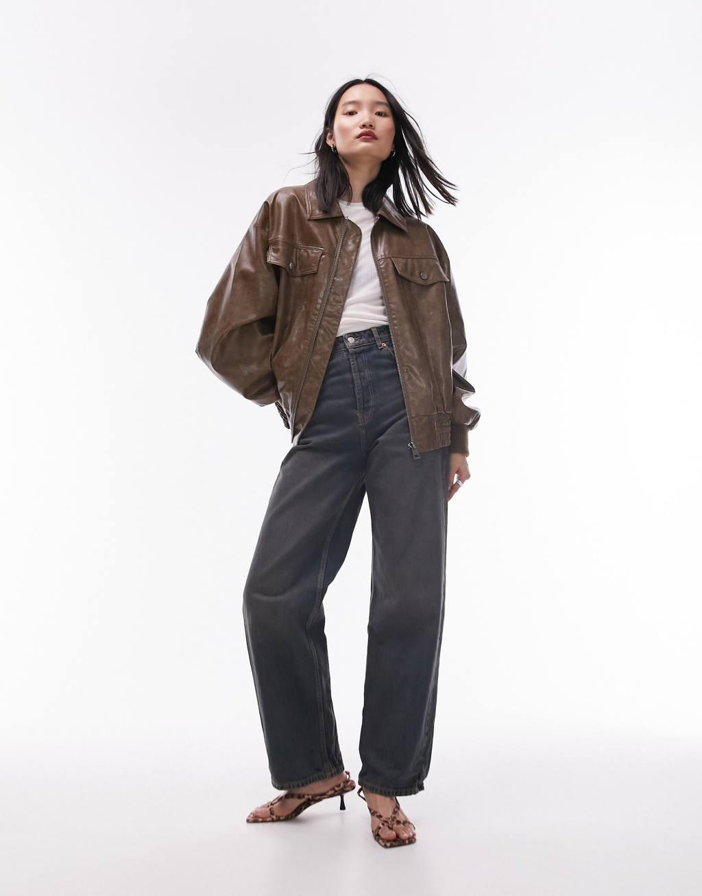 Topshop faux leather bomber jacket in washed brown Product Image