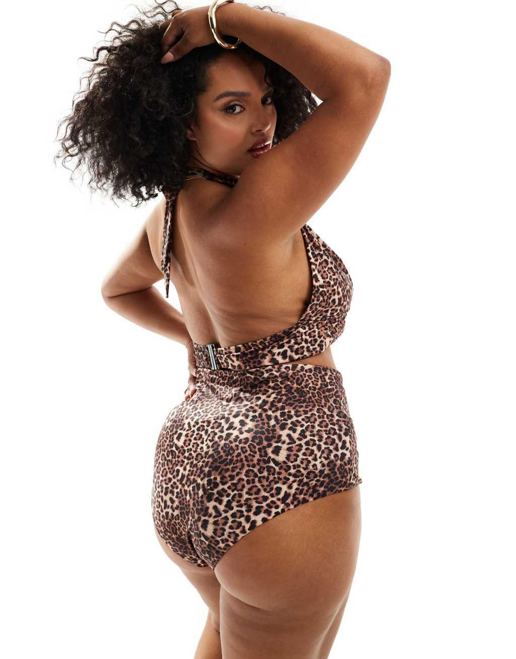 ASOS DESIGN Curve Mindy high apex halter triangle bikini top in leopard Product Image
