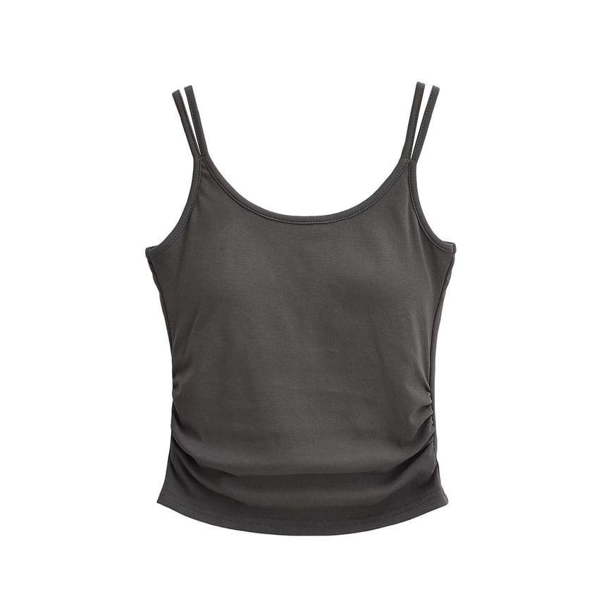 Scoop Neck Plain Ruched Padded Open Back Crop Cami Top Product Image