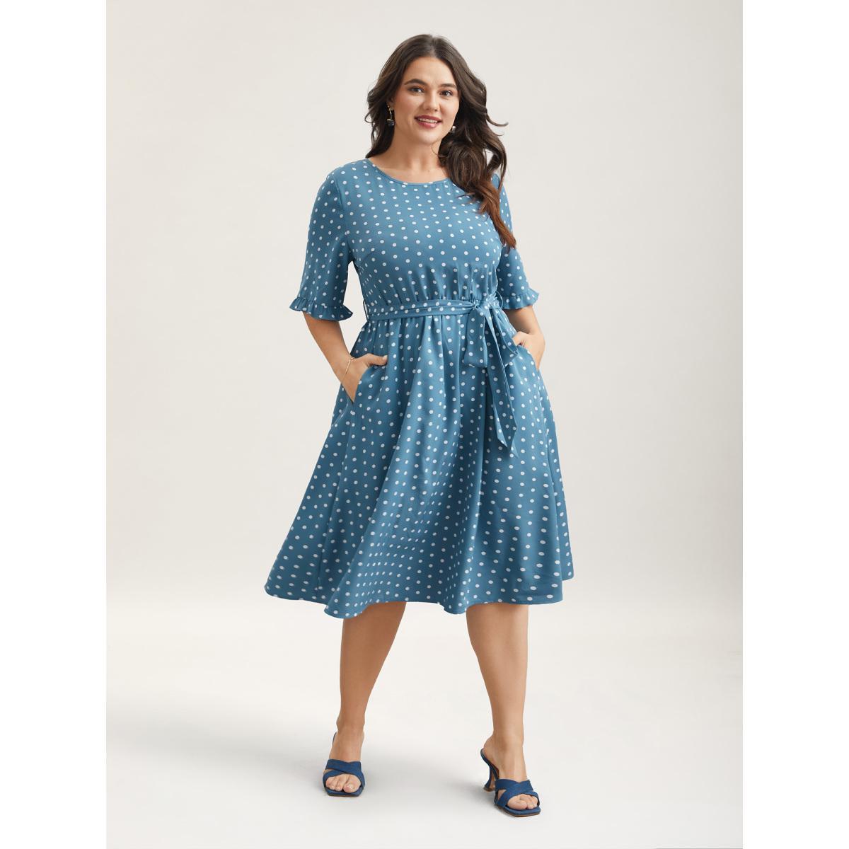 Plus Size Polka Dot Print Belted Stretchy Midi Dress Cerulean Women Elegant Belted Round Neck Half Sleeve Curvy BloomChic 22-24/3X Product Image