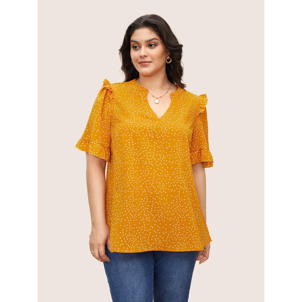Polka Dot Ruffles Plus Size Women Blouses Elegance Casual Ruffles Ruffle Sleeve Short Sleeve V Neck Dailywear Blouses BloomChic Product Image