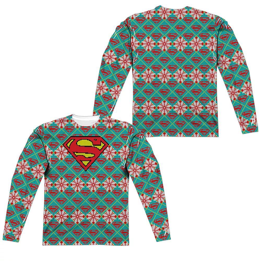 Men's Superman Shield Ugly Christmas Sweater Long Sleeve Sublimated Graphic Tee, Size: Large, Black Product Image