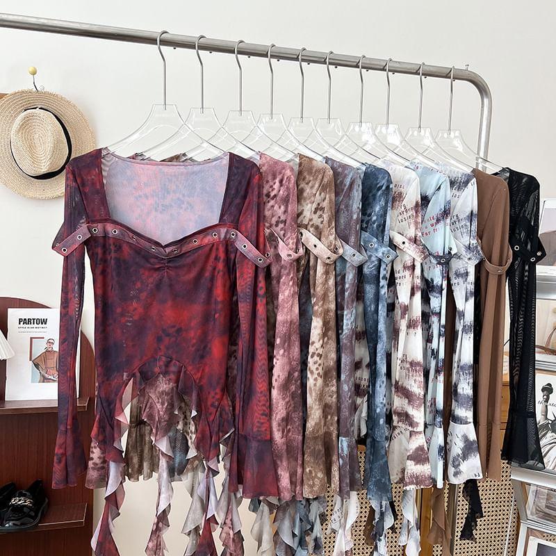 Flared-Sleeve Patterned Ruffle Asymmetrical Blouse Product Image
