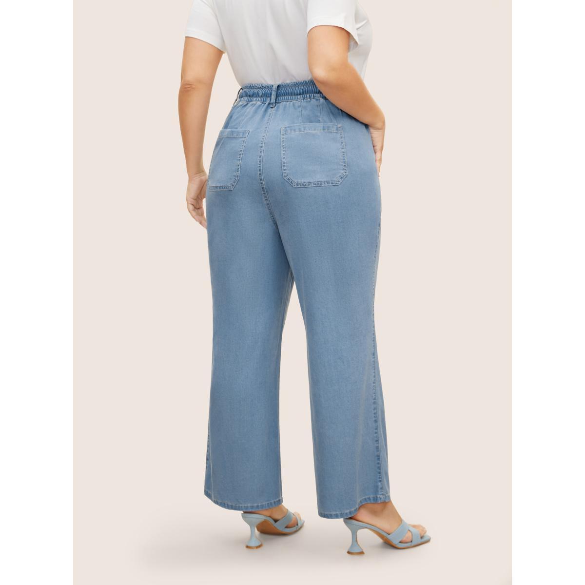 Plus Size Light Wash Drawstring Elastic Waist Wide Leg Jeans Women Denimblue Elegant Drawstring Medium stretch Side seam pocket Jeans BloomChic 28/5X Product Image