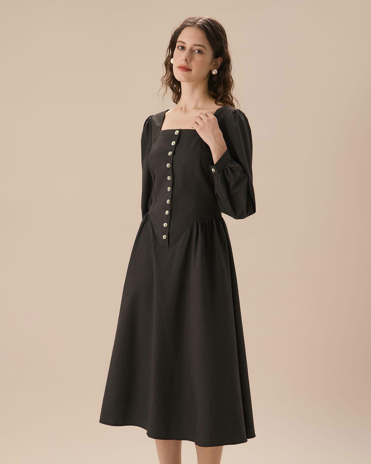 Black Square Neck Puffed Sleeve Midi Dress Product Image