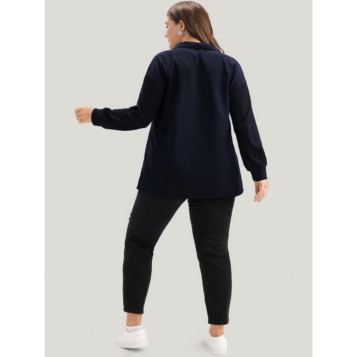 Plus Size Solid Drop Shoulder Zipper Lapel Collar Sweatshirt Women DarkBlue Casual Plain Lapel Collar Dailywear Sweatshirts BloomChic 18-20/2X Product Image