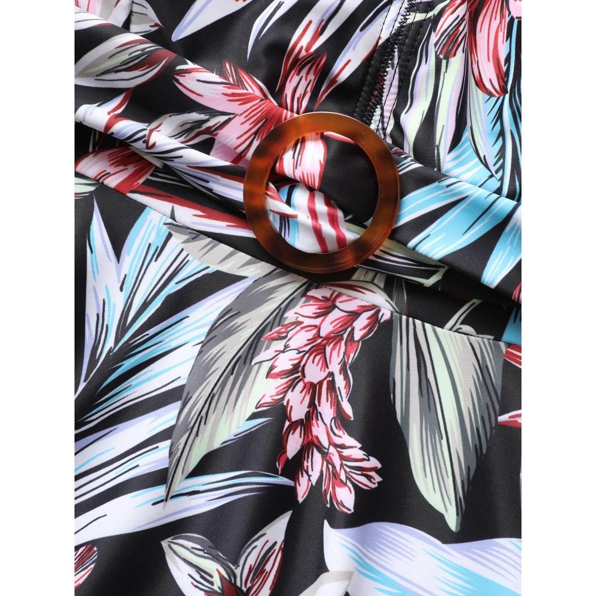 Plus Size Tropical Print Buckle Detail Swim Dress Women's Swimwear BlackFlower Beach Bodycon V-neck High stretch Curve Swim Dresses BloomChic 12/L Product Image
