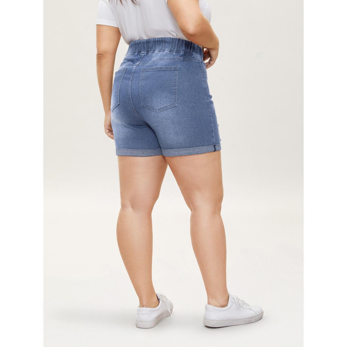 Plus Size Distressed Drawstring Roll Hem Denim Shorts Women LightBlue Drawstring High stretch Everyday Slanted pocket Casual Denim Shorts BloomChic 20/2X Product Image