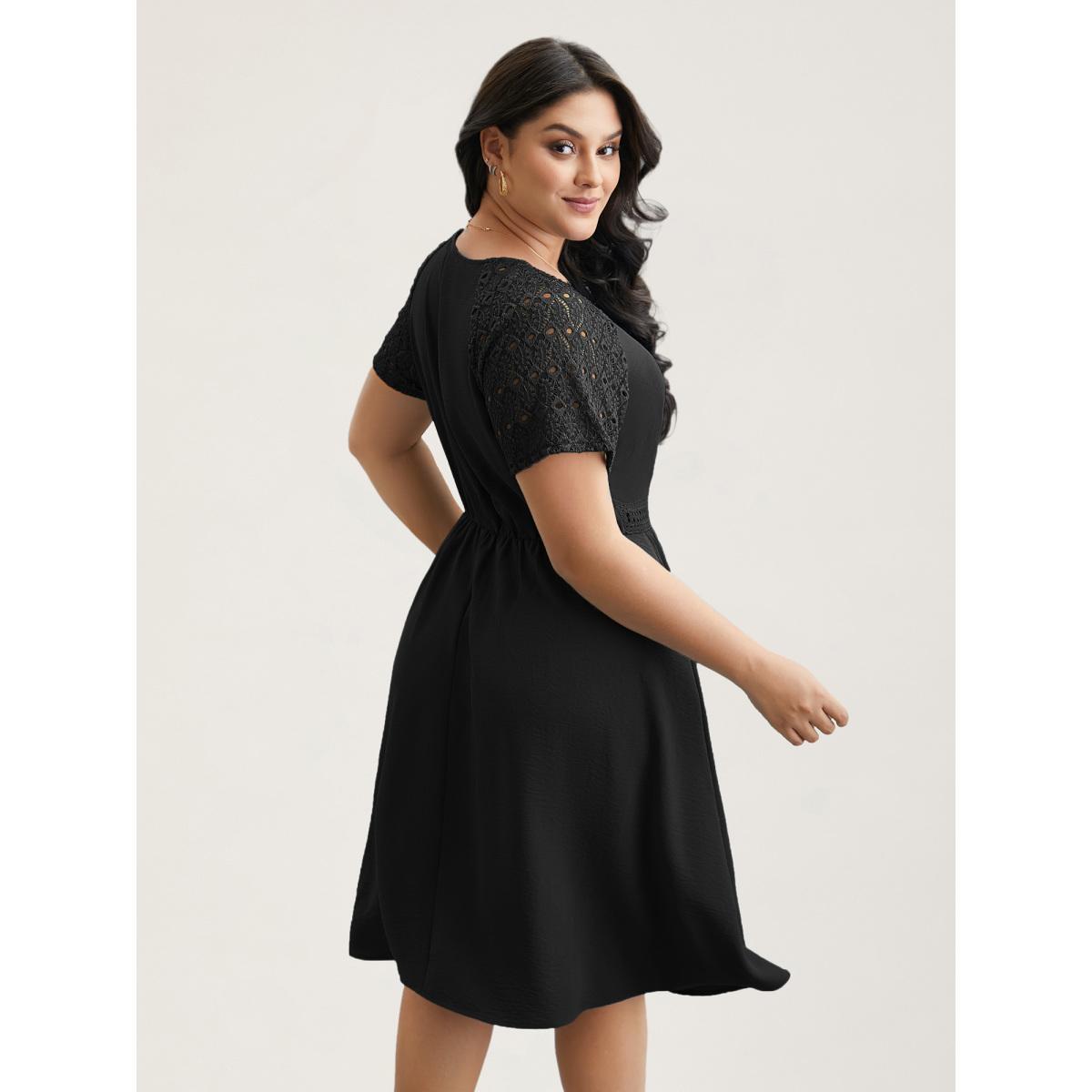 Plus Size Lace Cut-Out Raglan Sleeve Pockets Midi Dress Black Women Elegant Woven ribbon&lace trim Round Neck Short sleeve Curvy BloomChic 14-16/1X Product Image