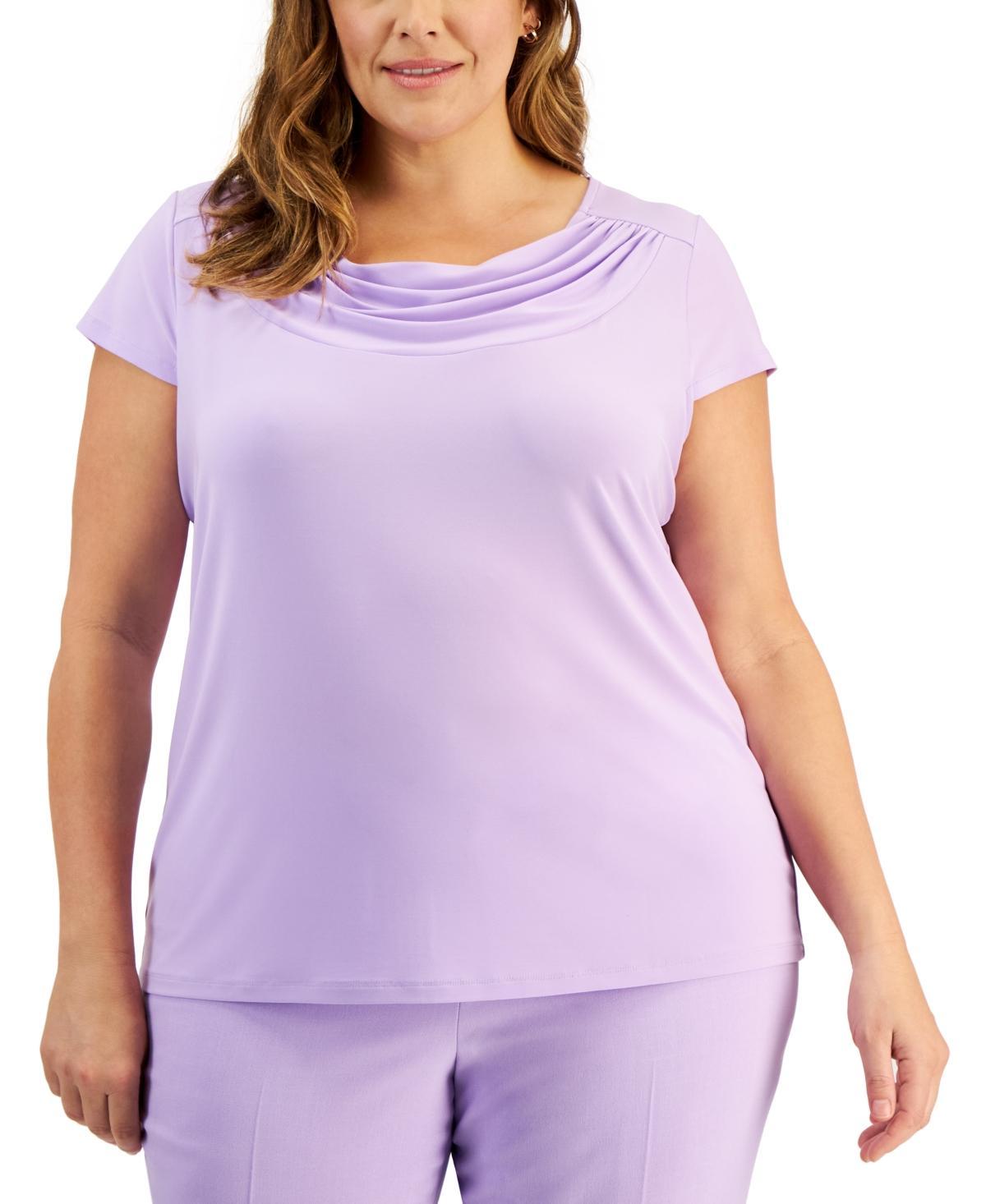 Kasper Plus Size Stretch Knit Short-Sleeve Cowl-Neck Top Product Image