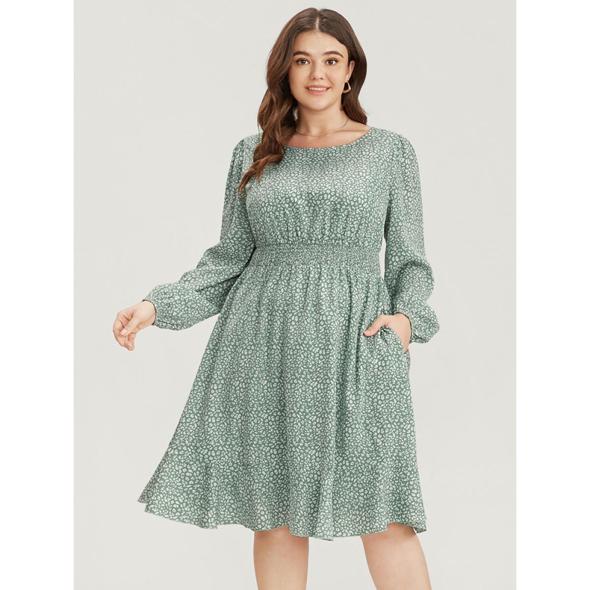 Plus Size Leopard Print Lantern Sleeve Shirred Pocket Flutter Knee Dress Green Women Elegant Elastic Waist Round Neck Long Sleeve Curvy Knee Dress BloomChic 18-20/2X Product Image